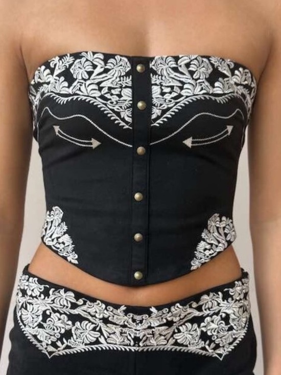 Tic Toc Tops - Women’s Embroidered Black Corset Bustier Desert Western Cowgirl Nashville Top